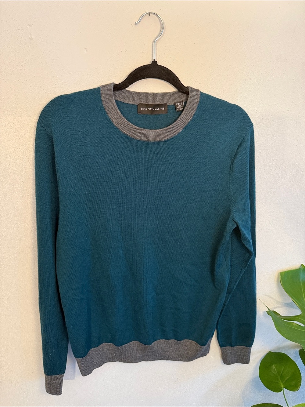 Saks Fifth Avenue Men's Teal Crewneck Sweater with Gray Trim - Size M
